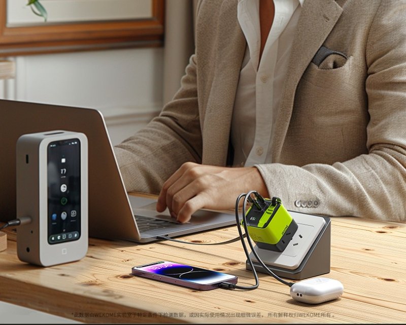 WP-U39 Superbrzi Strujni GaN punjač, 2-porta USB (3.0 i 3.1 tip C) 65W sa displlejom i USB 3.1 tip C kablom 0.8m, žuti