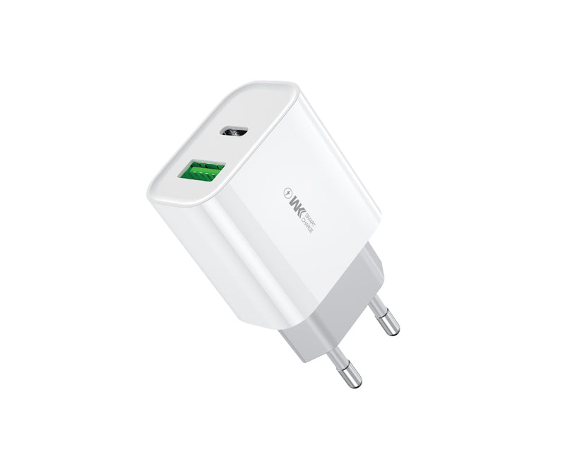 WP-U53 Super brzi Strujni GaN Punjač, 2-porta USB (3.0 i PD-tipC) 20W, beli