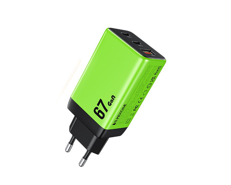 WP-U157 Super brzi Strujni GaN punjač, 3-porta USB (3.0 i 2 x 3.1 Tip C) 67W, zeleni