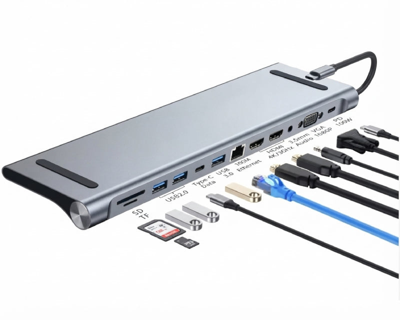 Multiport USB 3.1 tip C (M) - 2 x HDMI + VGA + 3 x USB 3.0 + 1 x tip C-(PD 100W) + USB 2.0 + 3.5mm + SD/TF + RJ45 (F)1000 Mbps (12 u 1)