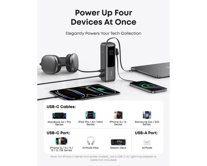 25000mAh, 165W, sa ugrađenim USB-C kablom na izvlačenje, Power Bank za laptop crni