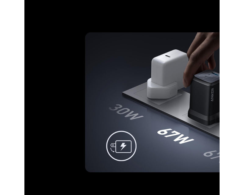 Prime 67W GaN zidni brzi punjač, 3-porta (2x USB-C i 1x USB-A) crni