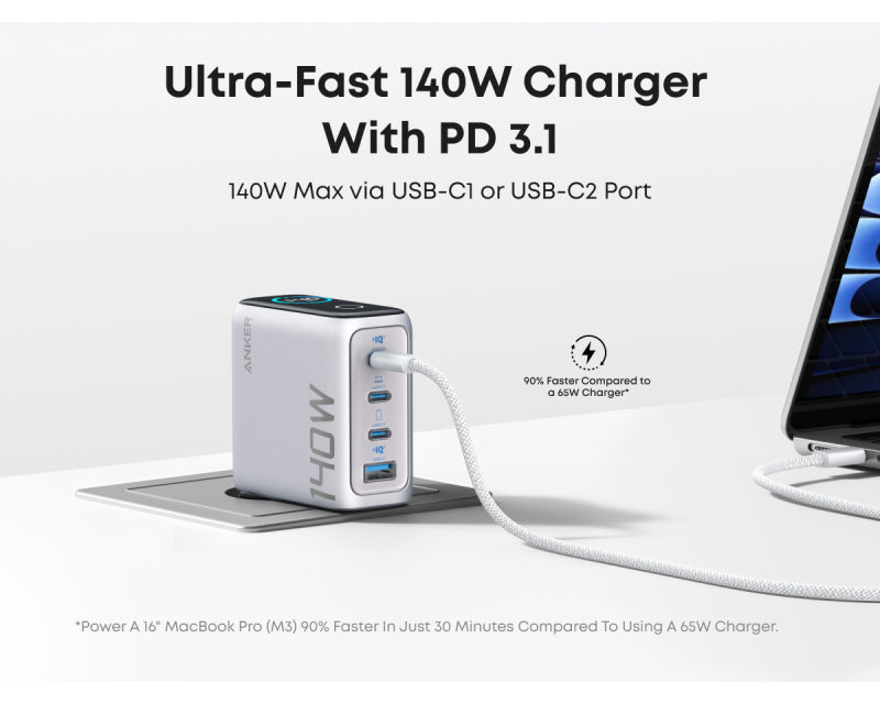 140W GaN zidni brzi punjač, 4-porta (3x USB-C i 1x USB-A) sa USB-C M/M pletenim kablom, srebrni