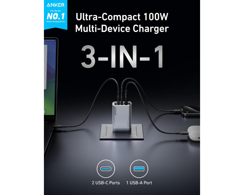 Prime 100W GaN zidni brzi punjač, 3-porta (2x USB-C i 1x USB-A) srebrni