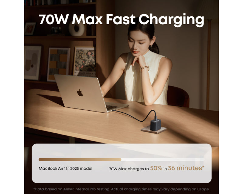 Nano 70W GaN zidni brzi punjač, 3-porta (2x USB-C i 1x USB-A) crni