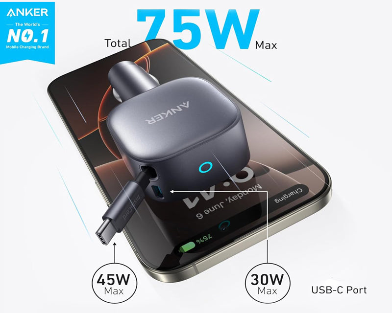 Nano 75W, sa ugrađenim USB-C kablom na izvlačenje i USB-C portom, auto punjač