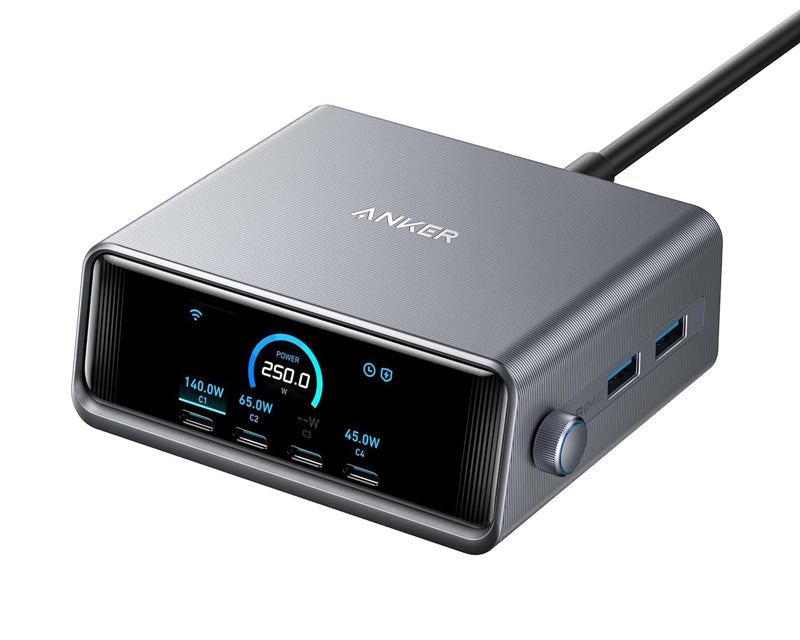 Prime 250W GaN stoni brzi punjač, 6-portova (4x USB-C, 2x USB-A) srebrni