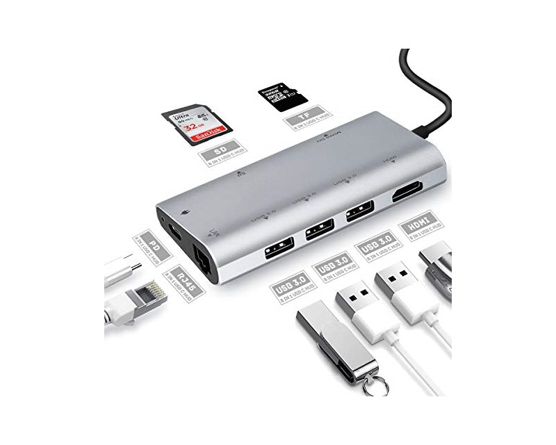 Adapter-konvertor TIP C na 3xUSB3.0+HDMI 4K+2xSD/MICRO+RJ45+TIP C