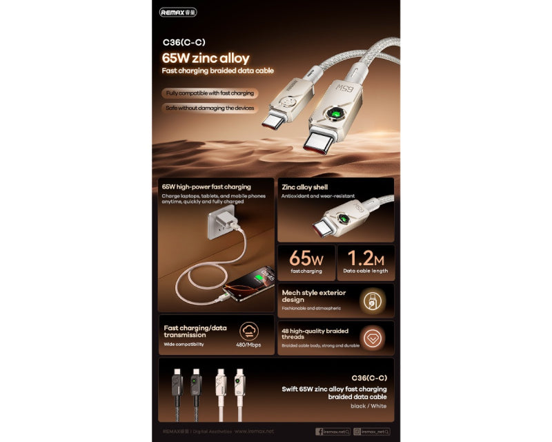 Kabl Swift Fast charging braided data cable 1.2M C36 65W(C-C) crni