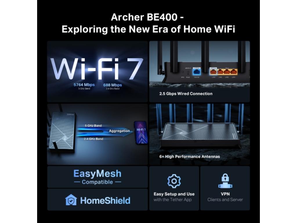 Bežicni ruter TP-LINK Archer BE400 WiFi7/BE6500 /6 antena
