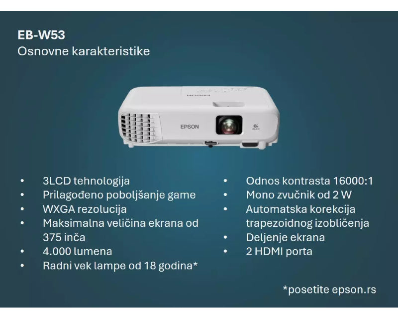 EB-W53 prenosivi Lamp WXGA 4000 ANSI lumena 16000:1 projektor