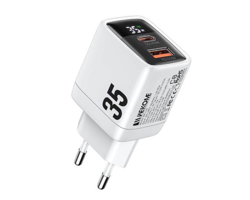 WP-U25 Super brzi Strujni GaN Punjač, 2-porta USB (3.0 i 3.1 Tip-C) 35W, sa displejom, beli