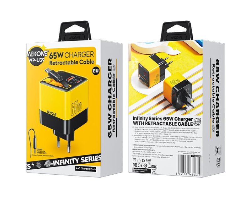 WP-U39 Superbrzi Strujni GaN punjač, 2-porta USB (3.0 i 3.1 tip C) 65W sa displlejom i USB 3.1 tip C kablom 0.8m, žuti