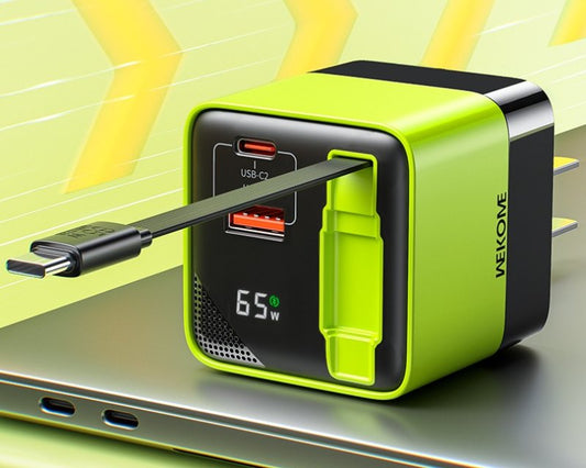 WP-U39 Superbrzi Strujni GaN punjač, 2-porta USB (3.0 i 3.1 tip C) 65W sa displlejom i USB 3.1 tip C kablom 0.8m, žuti