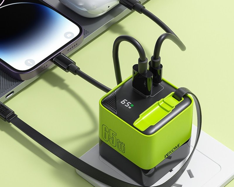 WP-U39 Superbrzi Strujni GaN punjač, 2-porta USB (3.0 i 3.1 tip C) 65W sa displlejom i USB 3.1 tip C kablom 0.8m, žuti