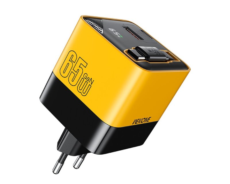 WP-U39 Superbrzi Strujni GaN punjač, 2-porta USB (3.0 i 3.1 tip C) 65W sa displlejom i USB 3.1 tip C kablom 0.8m, žuti