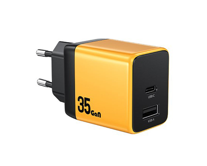 WP-U36 Superbrzi Strujni GaN punjač, 2-porta USB (3.0 i 3.1 tip C) 35W, žuti