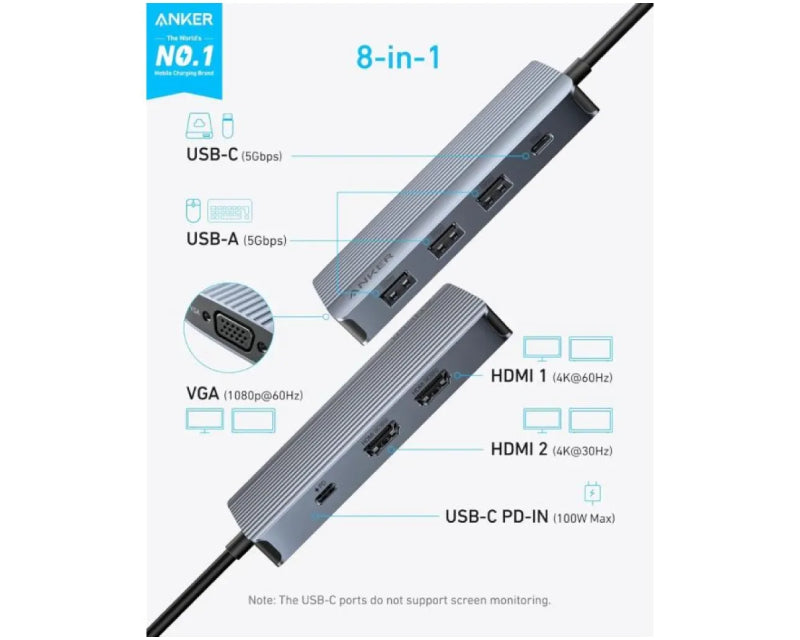 USB-C Data Hub, 8u1, Triple Display, PD 85W doking stanica siva