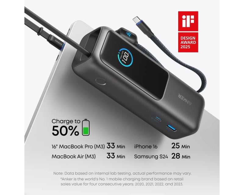 25000mAh, 165W, sa ugrađenim USB-C kablom na izvlačenje, Power Bank za laptop srebrni