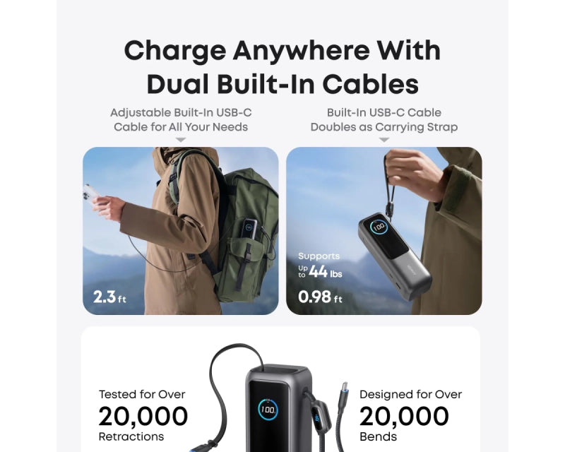 25000mAh, 165W, sa ugrađenim USB-C kablom na izvlačenje, Power Bank za laptop srebrni