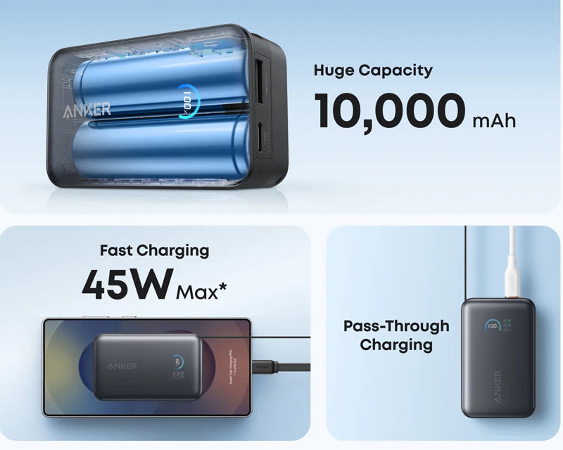 Nano 10000mAh, 45W, sa ugrađenim USB-C kablom na izvlačenje, Power Bank crni