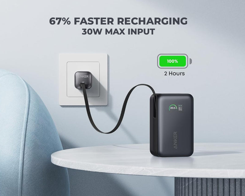 Nano 10000mAh, 45W, sa ugrađenim USB-C kablom na izvlačenje, Power Bank crni