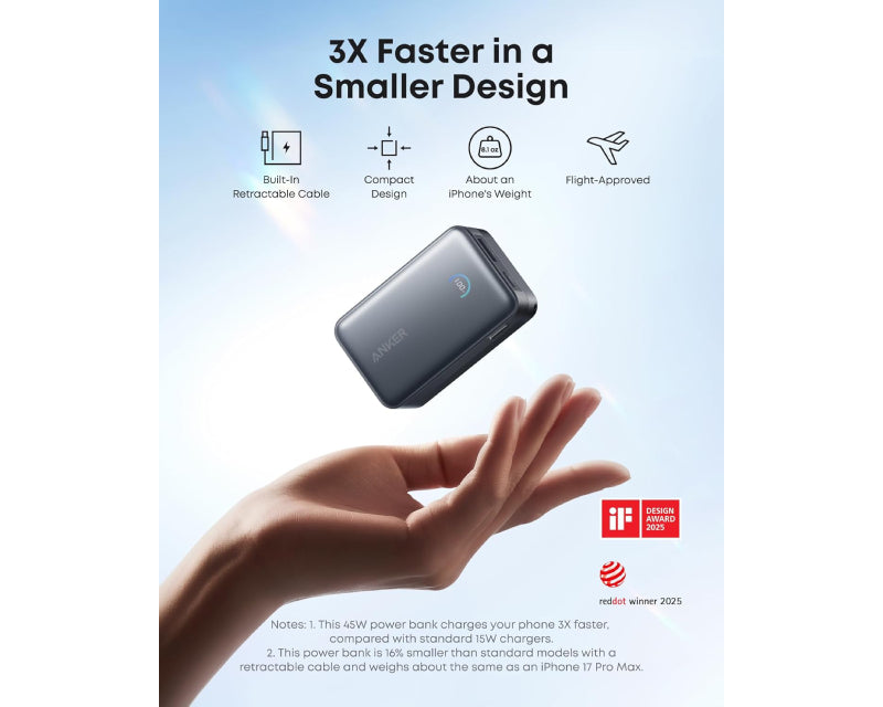 Nano 10000mAh, 45W, sa ugrađenim USB-C kablom na izvlačenje, Power Bank crni