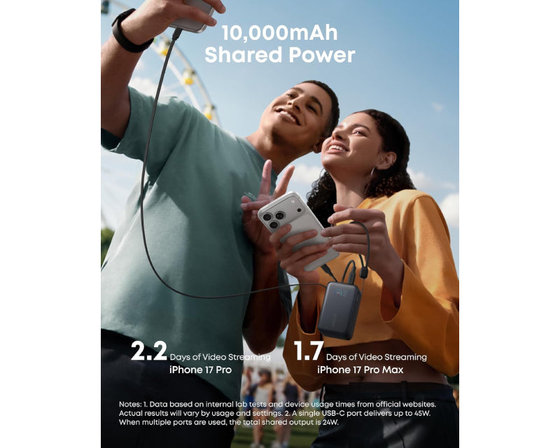 Nano 10000mAh, 45W, sa ugrađenim USB-C kablom na izvlačenje, Power Bank crni