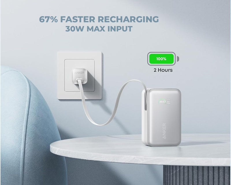 Nano 10000mAh, 45W, sa ugrađenim USB-C kablom na izvlačenje, Power Bank beli