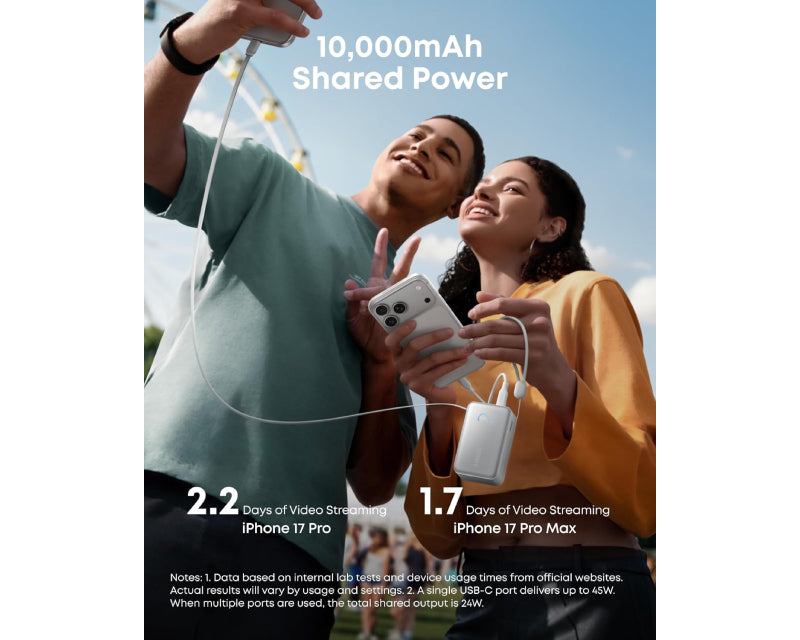 Nano 10000mAh, 45W, sa ugrađenim USB-C kablom na izvlačenje, Power Bank beli