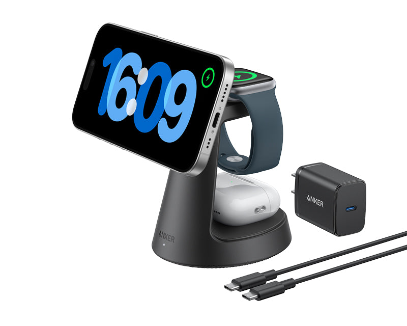 MagGo Bežični Dock Stand 3u1, sa kablovima i zidnim punjačem, crni
