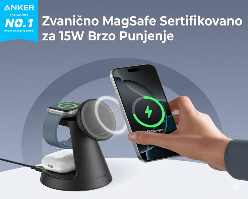 MagGo Bežični Dock Stand 3u1, sa kablovima i zidnim punjačem, crni