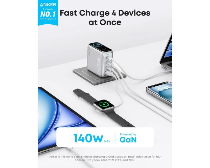 140W GaN zidni brzi punjač, 4-porta (3x USB-C i 1x USB-A) sa USB-C M/M pletenim kablom, srebrni