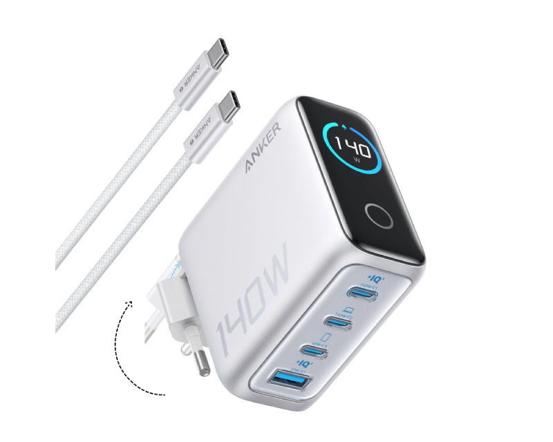 140W GaN zidni brzi punjač, 4-porta (3x USB-C i 1x USB-A) sa USB-C M/M pletenim kablom, srebrni