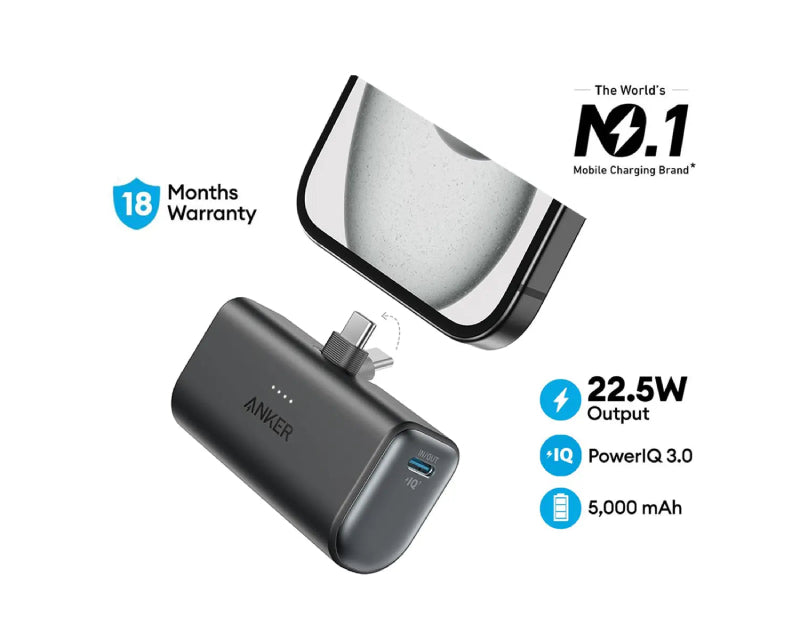 Nano 5000mAh, 22.5W, sa ugrađenim USB-C konektorom, Power Bank crni