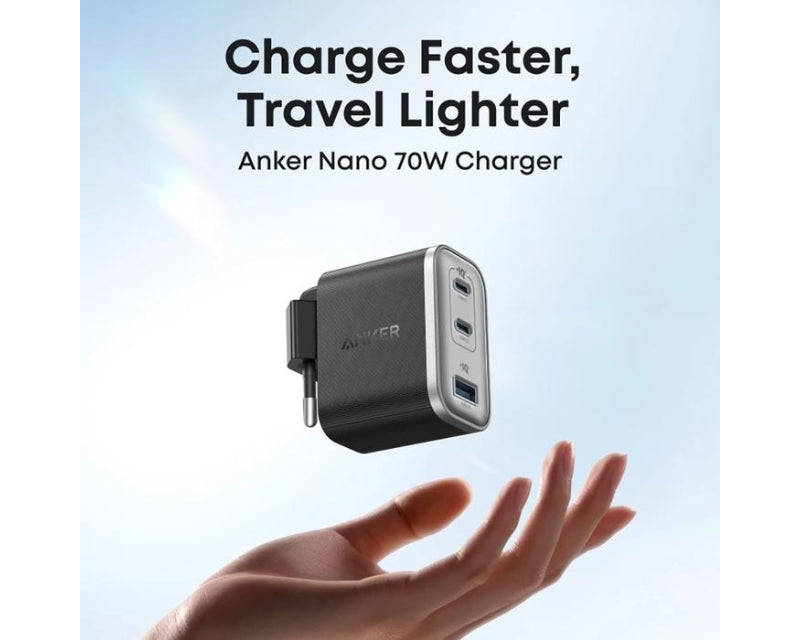 Nano 70W GaN zidni brzi punjač, 3-porta (2x USB-C i 1x USB-A) crni