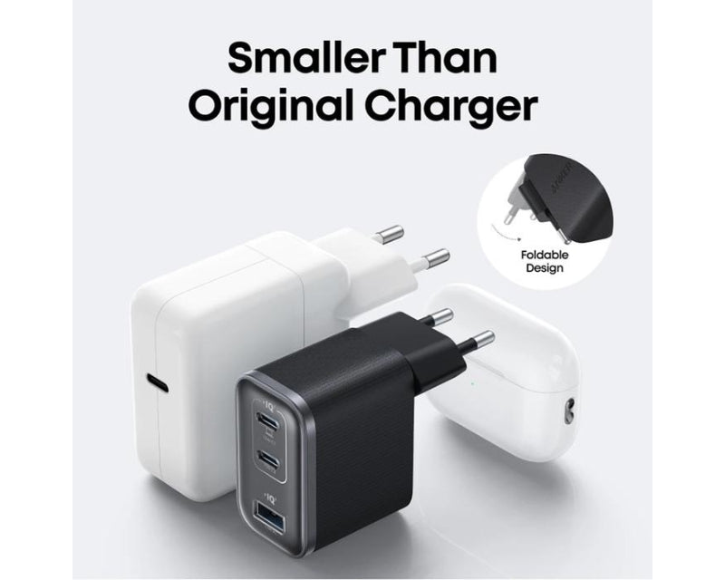 Nano 70W GaN zidni brzi punjač, 3-porta (2x USB-C i 1x USB-A) crni