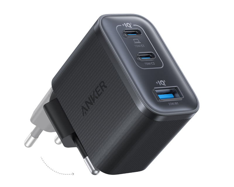 Nano 70W GaN zidni brzi punjač, 3-porta (2x USB-C i 1x USB-A) crni