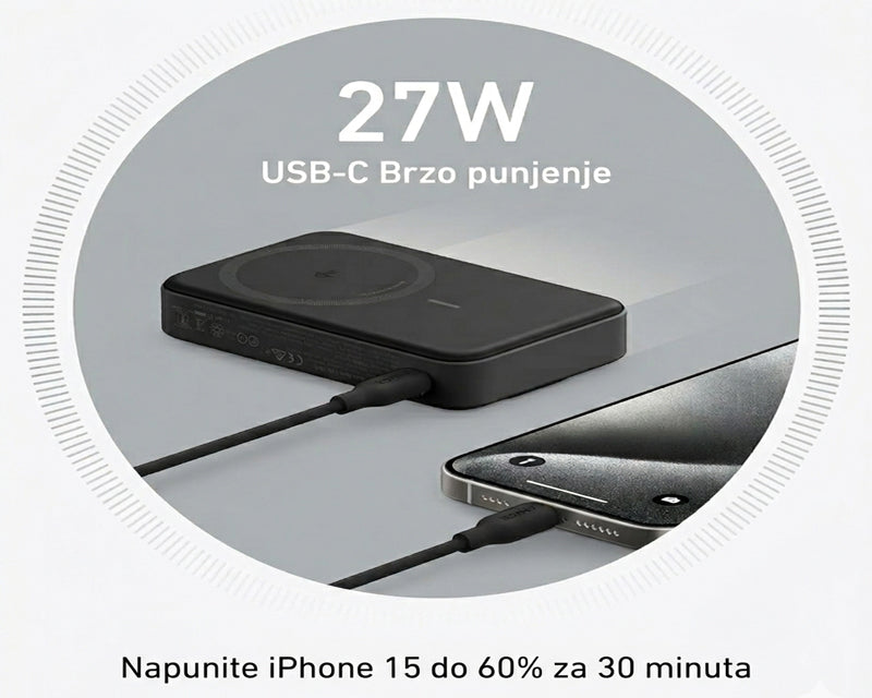 MagGo 10000mAh, 27W, bežični power bank, crni