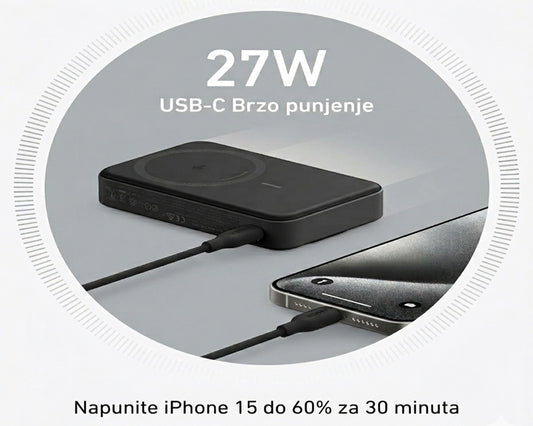 MagGo 10000mAh, 27W, bežični power bank, crni