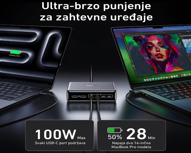 Prime 200W GaN stoni brzi punjač, 6-portova (4x USB-C i 2x USB-A) srebrni