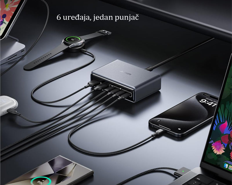 Prime 200W GaN stoni brzi punjač, 6-portova (4x USB-C i 2x USB-A) srebrni