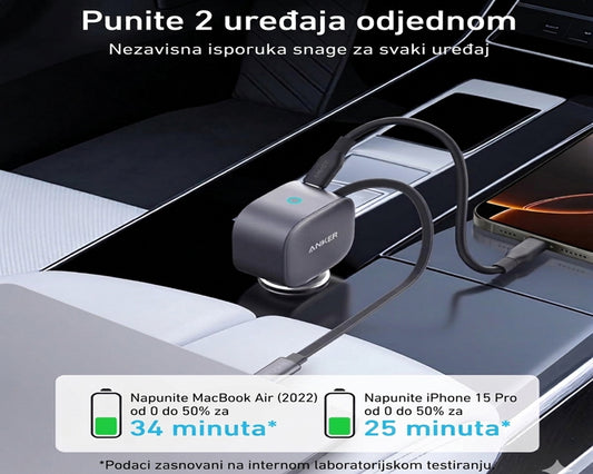 Nano 75W, sa ugrađenim USB-C kablom na izvlačenje i USB-C portom, auto punjač