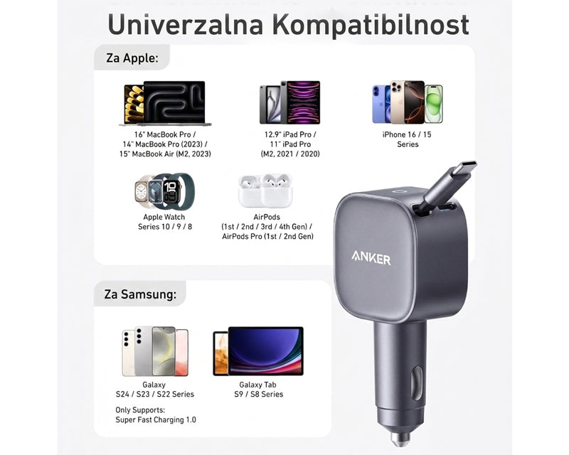 Nano 75W, sa ugrađenim USB-C kablom na izvlačenje i USB-C portom, auto punjač
