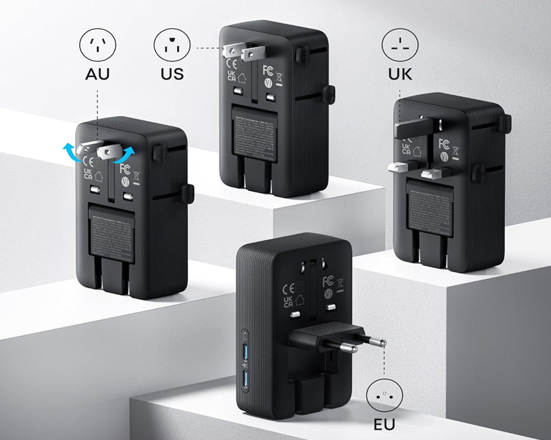 Nano 20W putni zidni punjač 5-portova (2x USB-A, 2x USB-C, utičnica EU na US, UK, AU i EU), crni