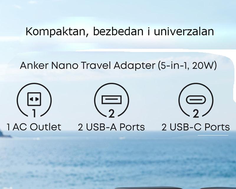 Nano 20W putni zidni punjač 5-portova (2x USB-A, 2x USB-C, utičnica EU na US, UK, AU i EU), crni