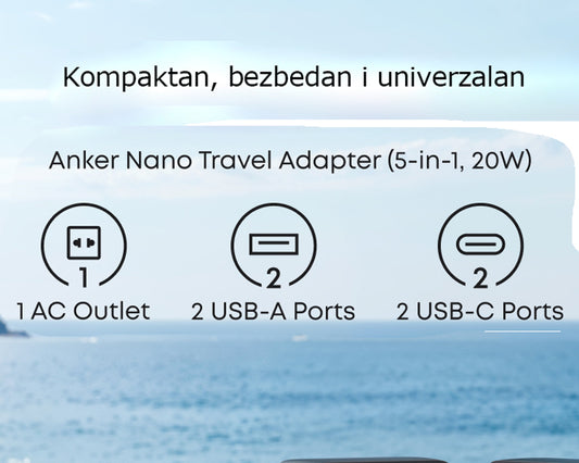 Nano 20W putni zidni punjač 5-portova (2x USB-A, 2x USB-C, utičnica EU na US, UK, AU i EU), crni