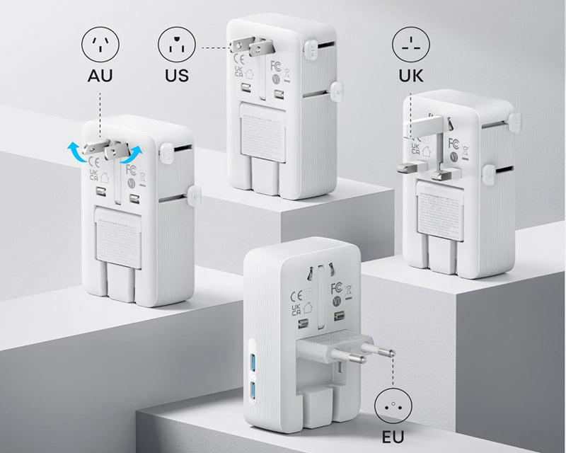 Nano 20W putni zidni punjač 5-portova (2x USB-A, 2x USB-C, utičnica EU na US, UK, AU i EU), beli