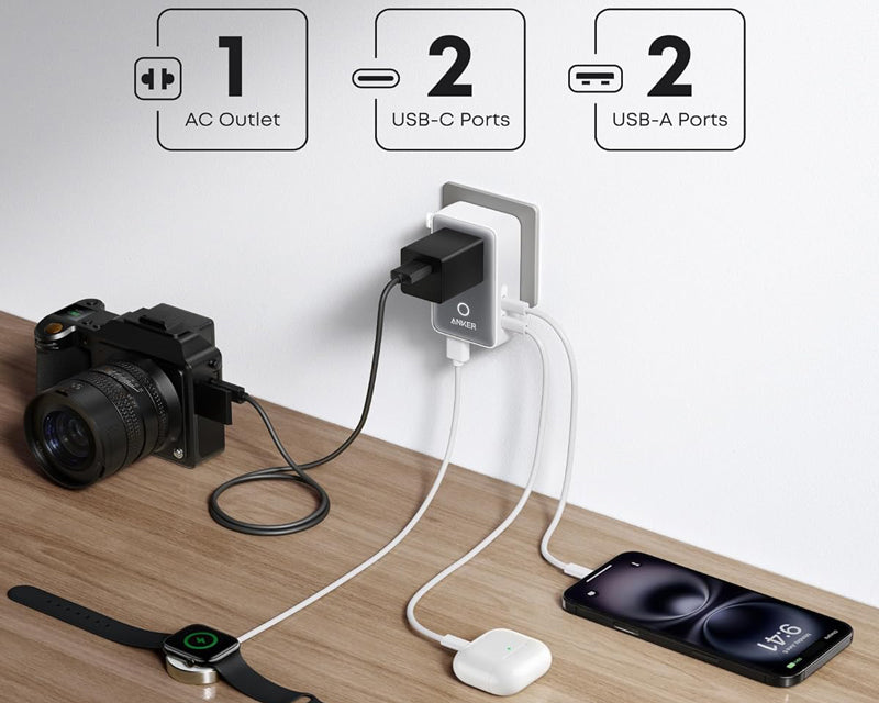 Nano 20W putni zidni punjač 5-portova (2x USB-A, 2x USB-C, utičnica EU na US, UK, AU i EU), beli