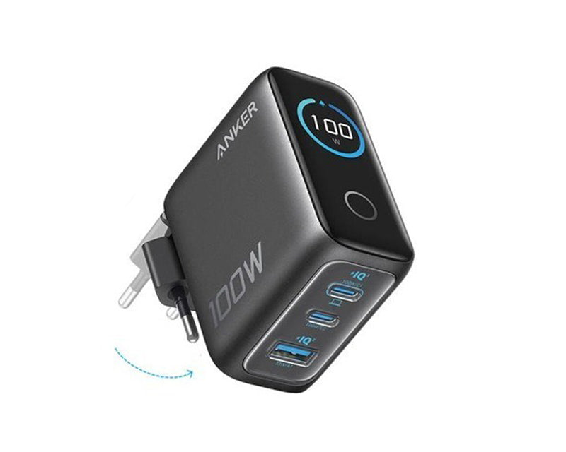 100W GaN zidni brzi punjač, 3-porta (2x USB-C i 1x USB-A) sa USB-C M/M pletenim kablom, tamno sivi